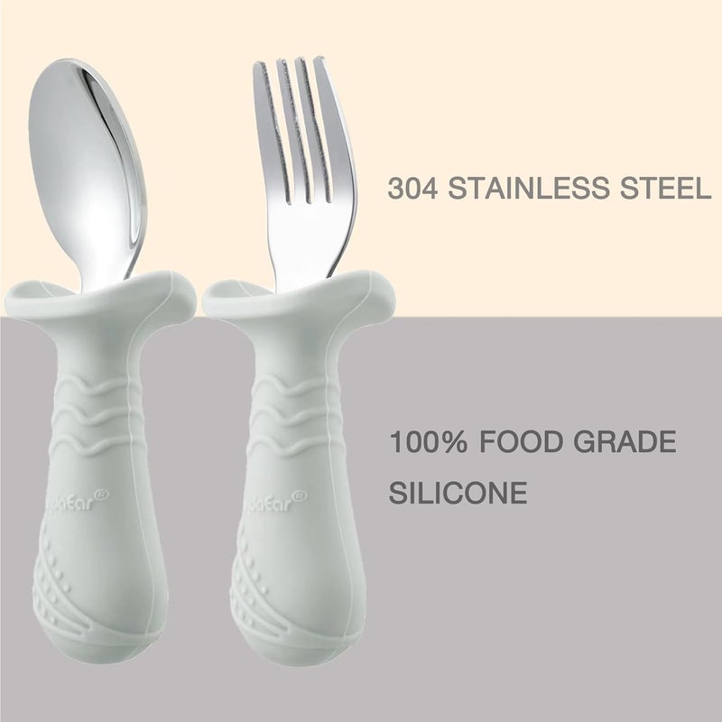 PandaEar Baby Toddler Fork and Spoon Utensil Set, 6 Pack Silicone Stainless Steel Silverware Spoon Fork for Babies Toddler, BPA Free with Silicone Holding Anti-Choke Design (Light Tan&Walnut&Grey) - Image 5